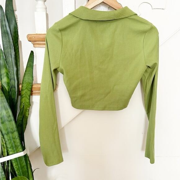 Zara Lime Green Ribbed Long Sleeve Collared Pullover Crop Top Size M Medium - Picture 3 of 4